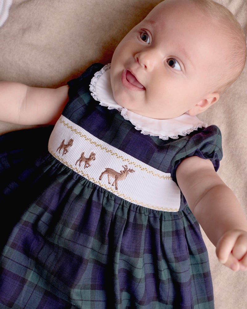 Lapinou Dress Baby Reindeer Smocked Dress in Navy Tartan