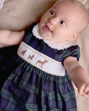 Lapinou Dress Baby Reindeer Smocked Dress in Navy Tartan