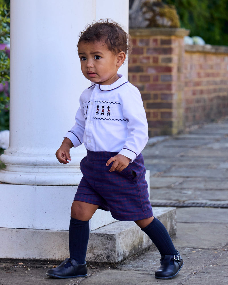 Trotters Heritage Set The Rupert Smocked Set in White/Navy Check Guardsman