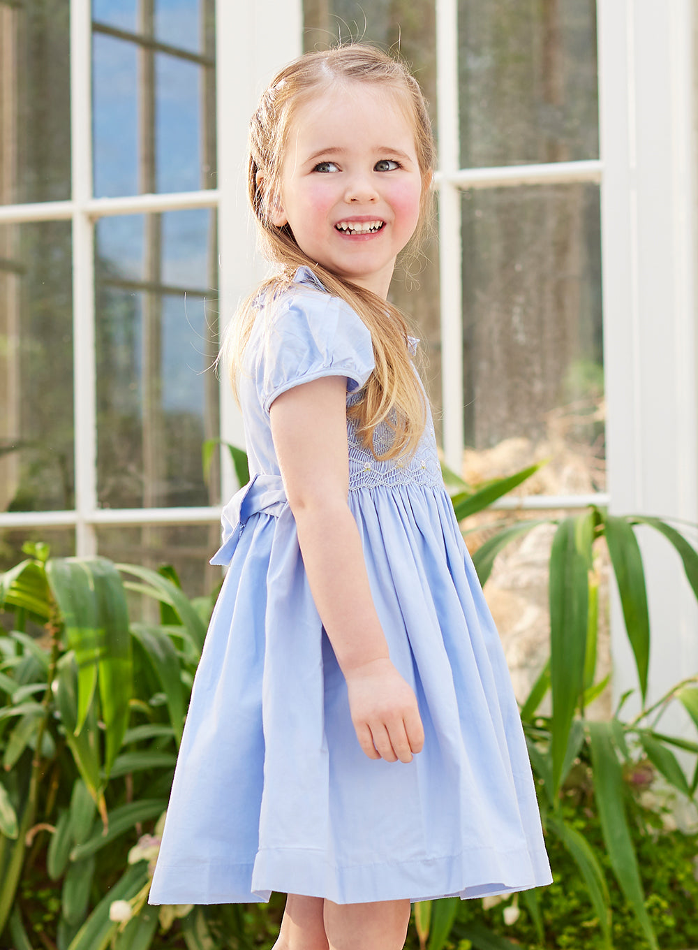Girls Willow Rose Hand Smocked Dress in Cornflower Blue