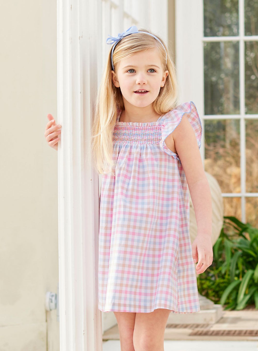 Pink white gingham dress shop