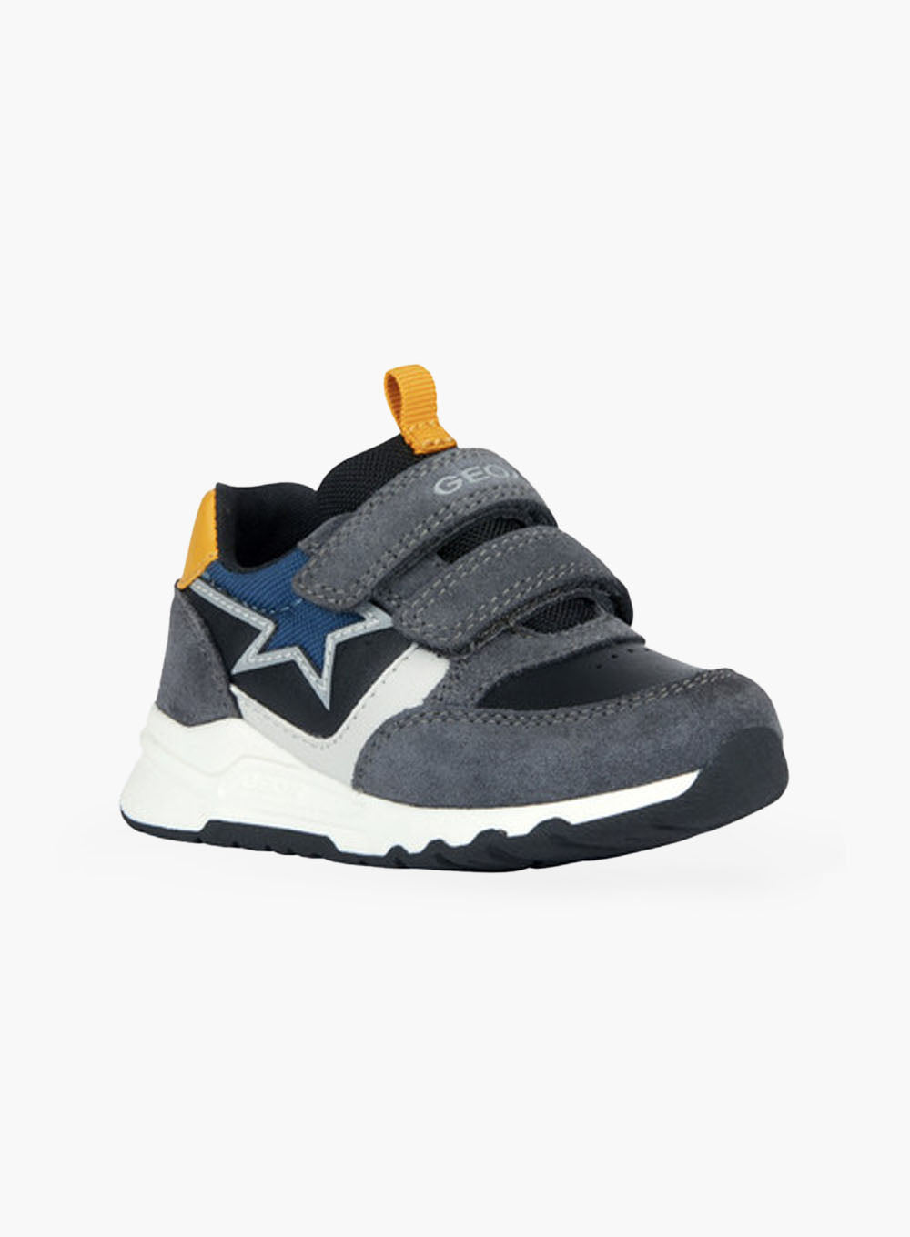 Geox Pyrip Baby Trainers in Dark Grey/Yellow Trotters Childrenswear