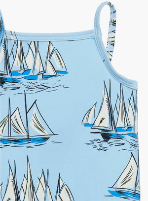 Trotters Swim Swimsuit Baby Peplum Swimsuit in Blue Sailboat