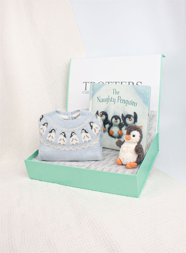 Baby Blue Pip Penguin Knitted Gift Set Trotters London