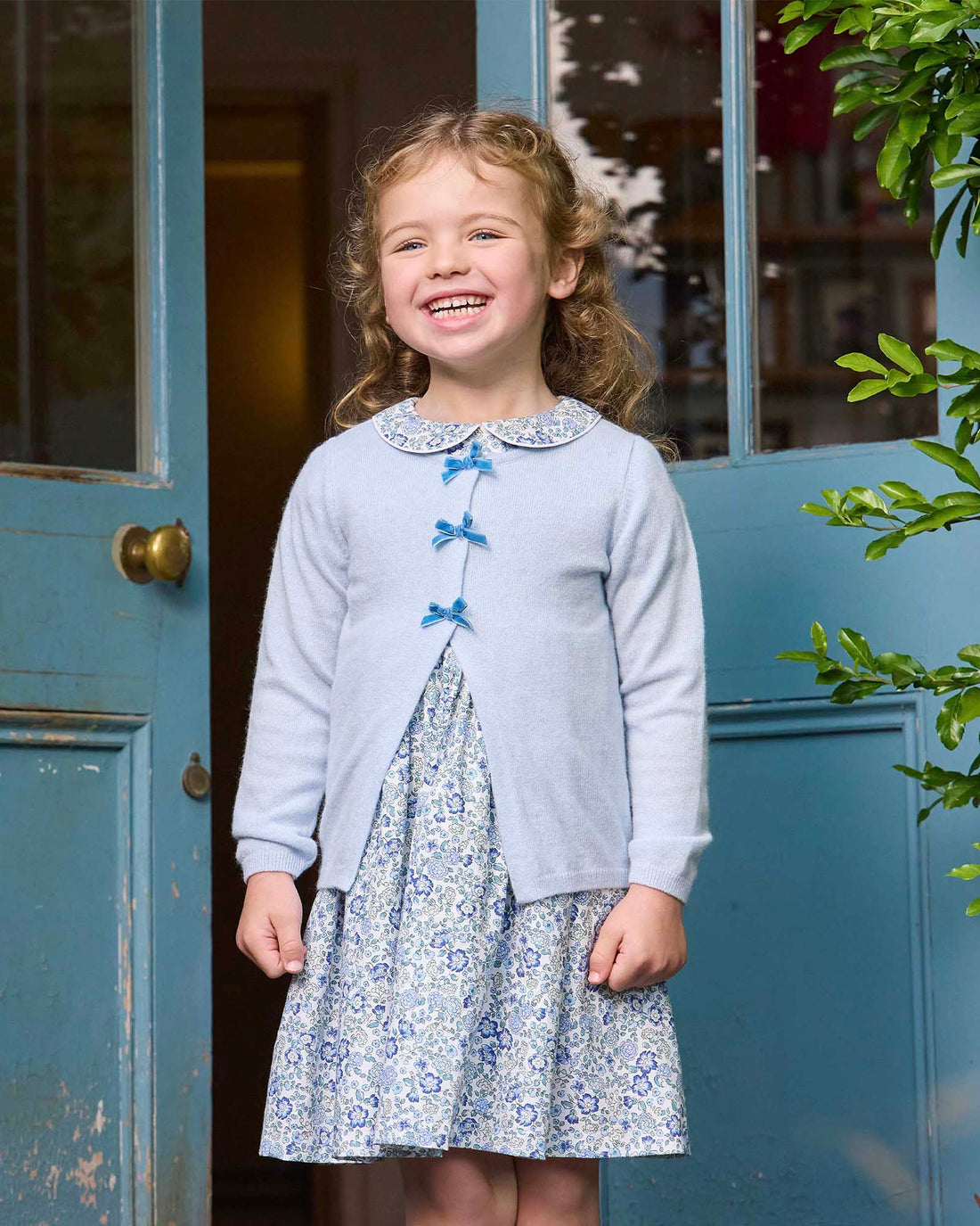 Confiture Cardigan Velvet Bow Cardigan in Pale Blue