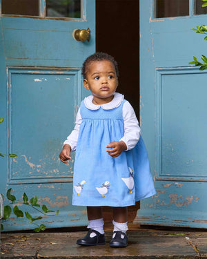 Confiture Dress Baby Duck Smocked Pinafore in Blue Cord