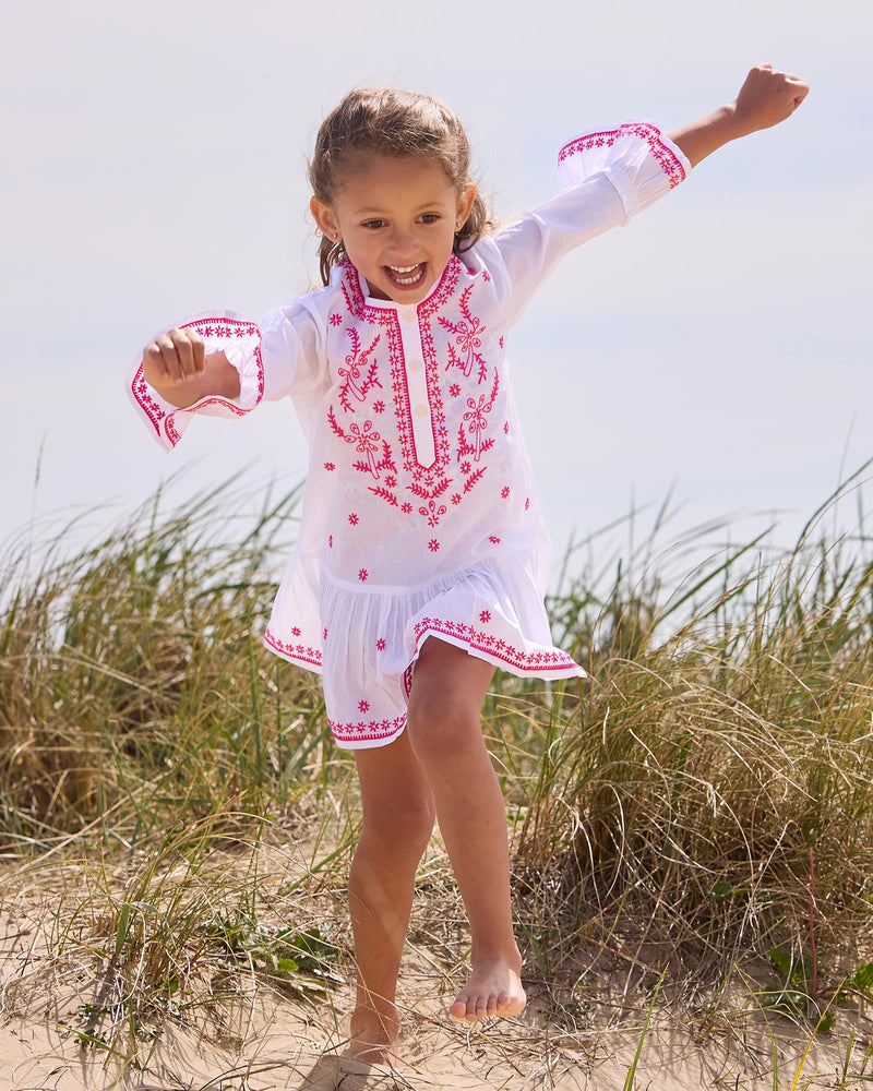 Lily Rose Kaftan Embroidered Kaftan in White/Fuchsia
