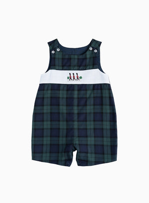 Thomas Brown Bib Shorts Little Archie Smocked Romper in Navy Tartan