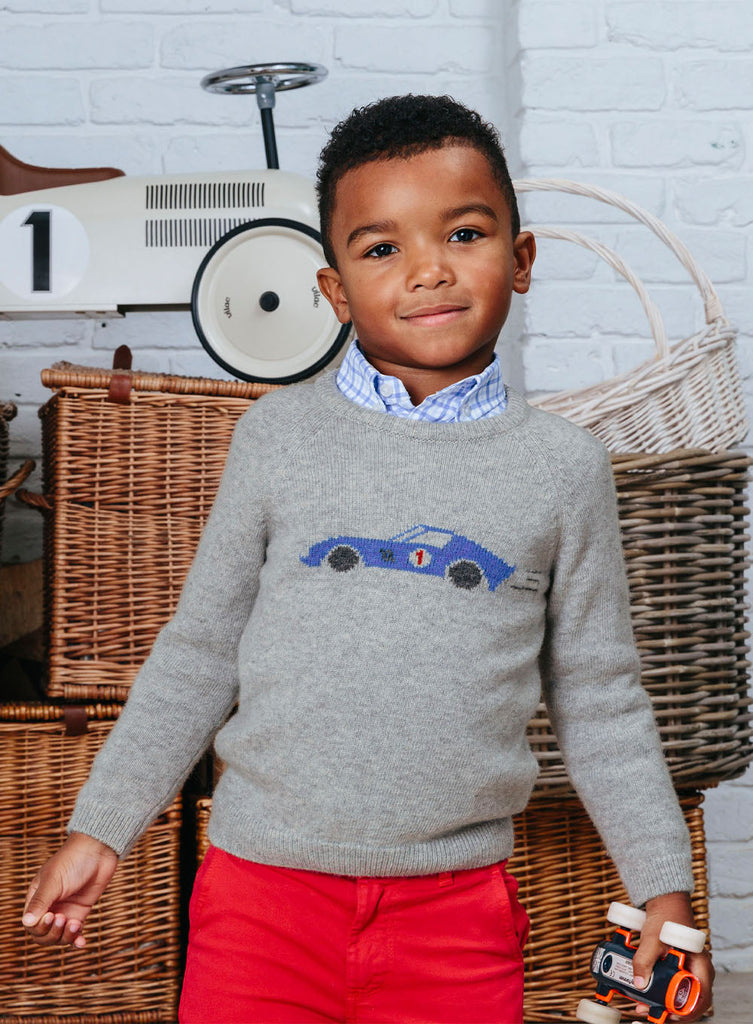 Thomas Brown Boys Sebastian Car Jumper Grey Marl Trotters London