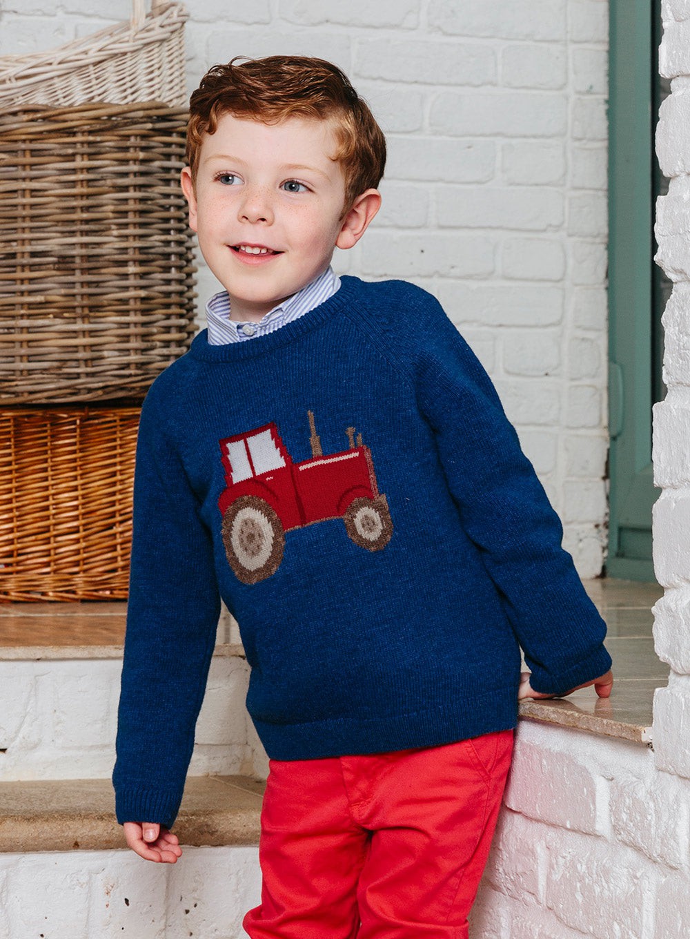 Thomas Brown Boys Tractor Jumper in Denim Blue Marl Trotters London
