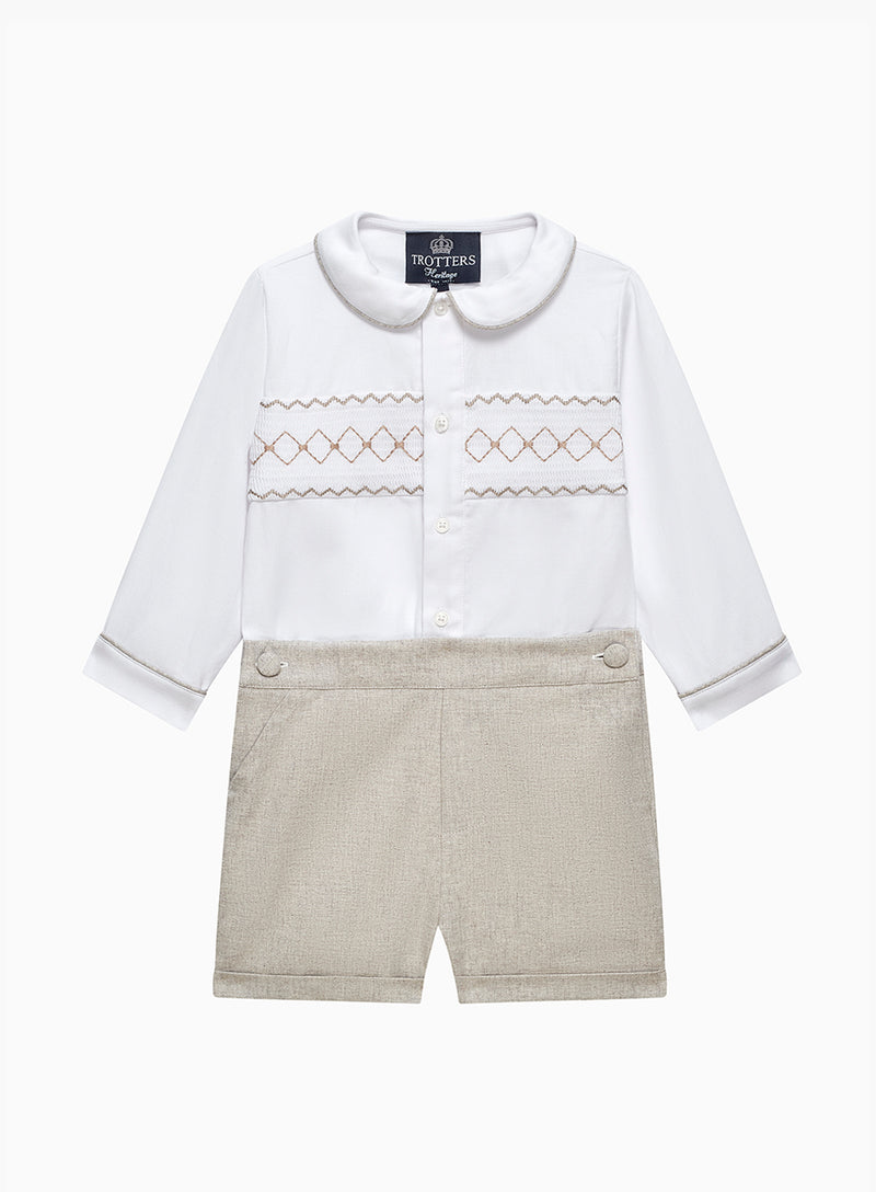 Trotters Heritage Set The Rupert Smocked Set in White/Oatmeal Flannel