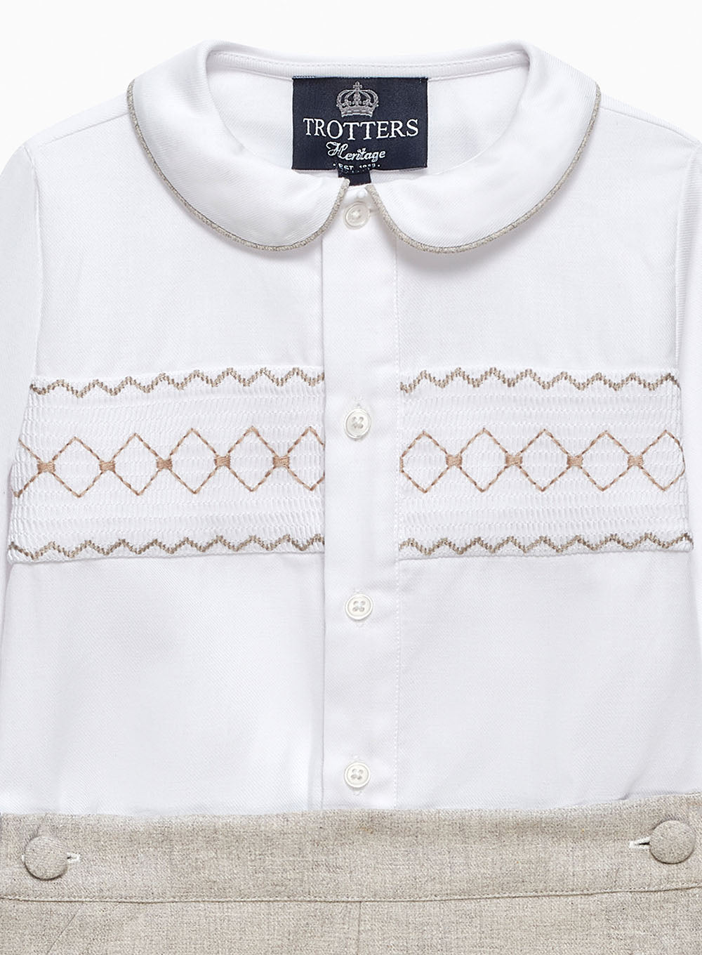 Trotters Heritage Set The Rupert Smocked Set in White/Oatmeal Flannel