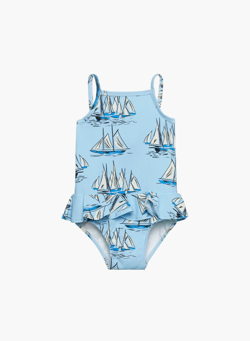 Trotters Swim Swimsuit Baby Peplum Swimsuit in Blue Sailboat