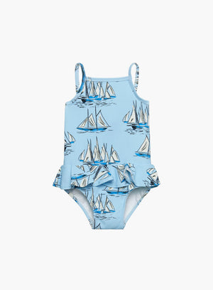 Trotters Swim Swimsuit Baby Peplum Swimsuit in Blue Sailboat